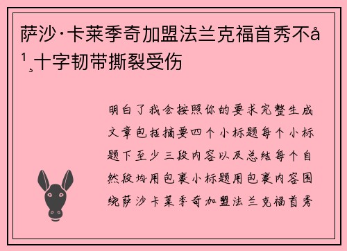萨沙·卡莱季奇加盟法兰克福首秀不幸十字韧带撕裂受伤 萨沙·卡莱季奇加盟法兰克福首秀不幸十字韧带撕裂受伤
