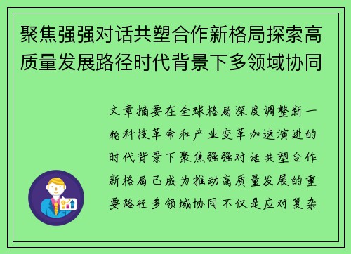 聚焦强强对话共塑合作新格局探索高质量发展路径时代背景下多领域协同 聚焦强强对话共塑合作新格局探索高质量发展路径时代背景下多领域协同
